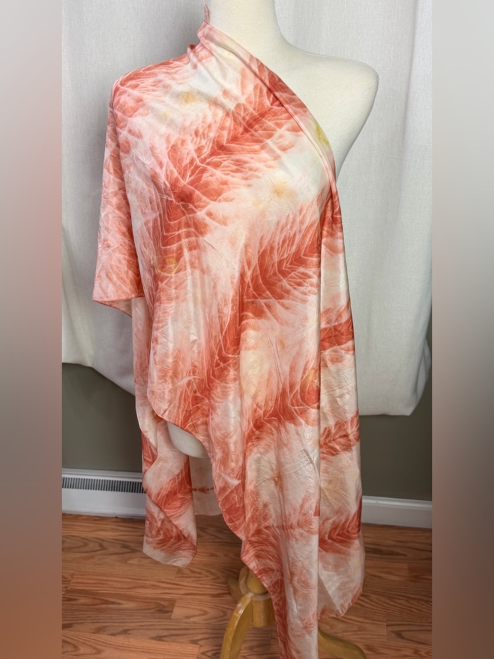 100% Silk Shibori Hand-Dyed Wrap Scarf Shawl Peach Artesian Natural Dye 82x21.5"